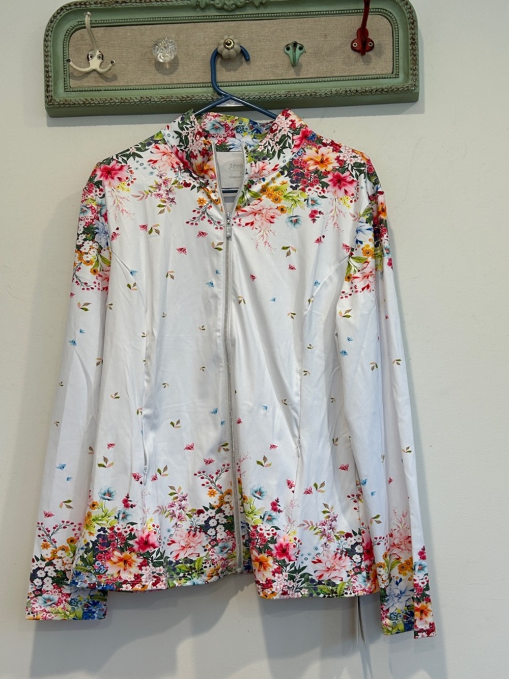Acegolfs Women’s XL White Floral Zip-Front Long Sleeve Jacket ruffle back top